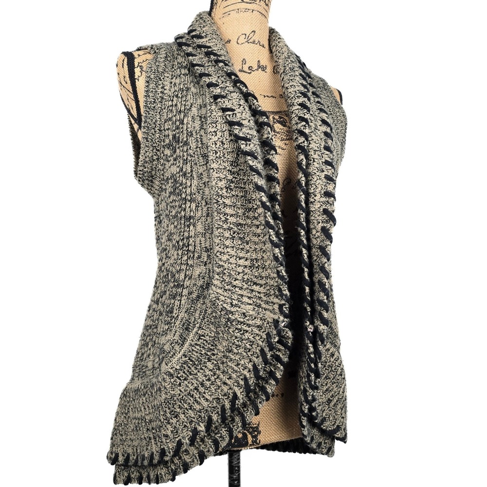 Cute Charlie Paige Marled Knit Open Front Vest Whipstitch Trim Tan Black SM